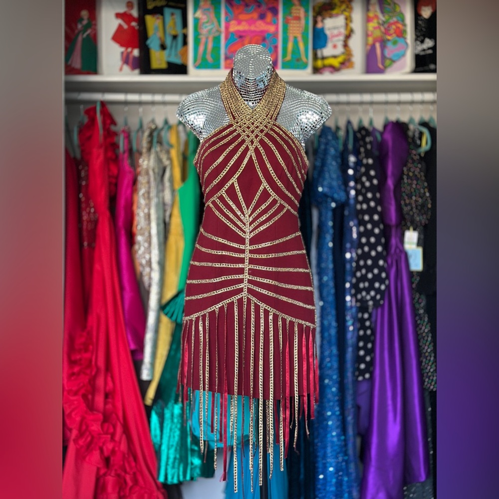 Halter Gold Burgundy Red Short Sparkle Fringe Showgirl Stage Dance Flapper Dress - Picture 12 of 12
